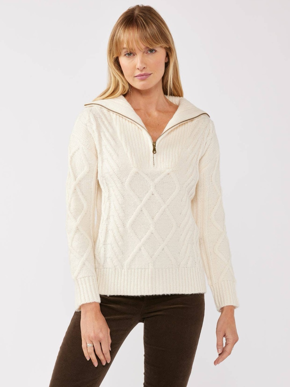 lovestitch Cream Cable-Knit Half-Zip Cowl Sweater